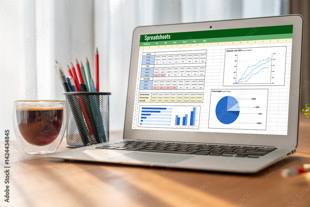 Poster spreadsheet document information financial startup concept. data and graphs in spreadsheet documents