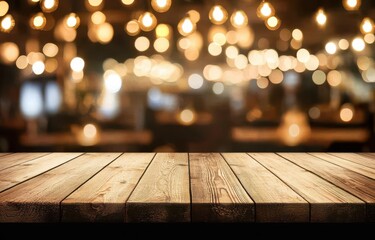 Wooden tabletop in a dimly lit restaurant setting.  A rustic wood surface sits in front of a blurred background of a warm, inviting restaurant interior with lights and tables