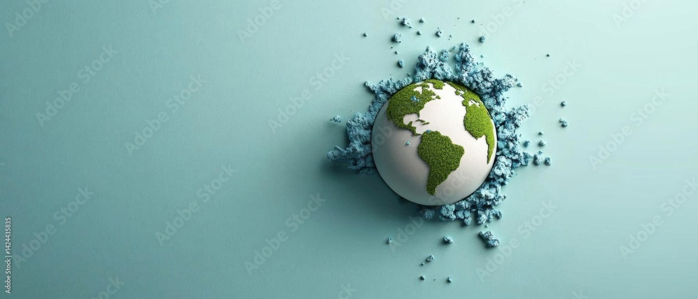 Poster 3d rendering of a small globe on a light blue background. the globe is in the center of the image, w