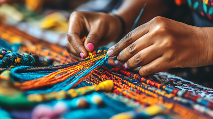 Woman Weaving Colorful Threads: Vibrant Textile Art