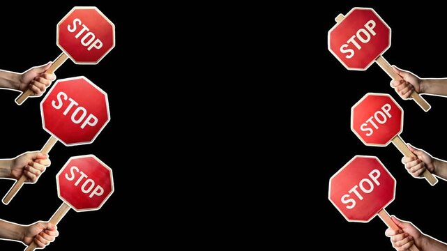 A lot of hands appear with red signs and a white sign STOP. Warning concept. Empty space for text. Smooth animation on transparent background