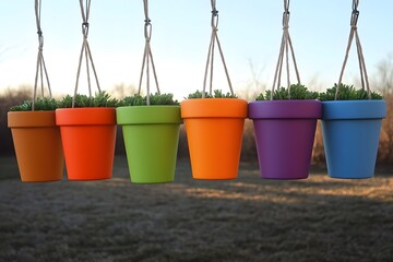 Naklejka premium Vibrant Colorful Hanging Planters with Succulents