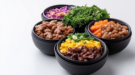 Colorful assortment of healthy meals in black bowls, featuring various cooked vegetables and greens, and vibrant presentation for nutritious diet concept.