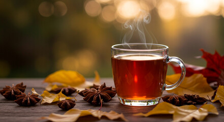 Hot beverage in a glass mug with steam amidst fall foliage and star anise on rustic wooden surface.