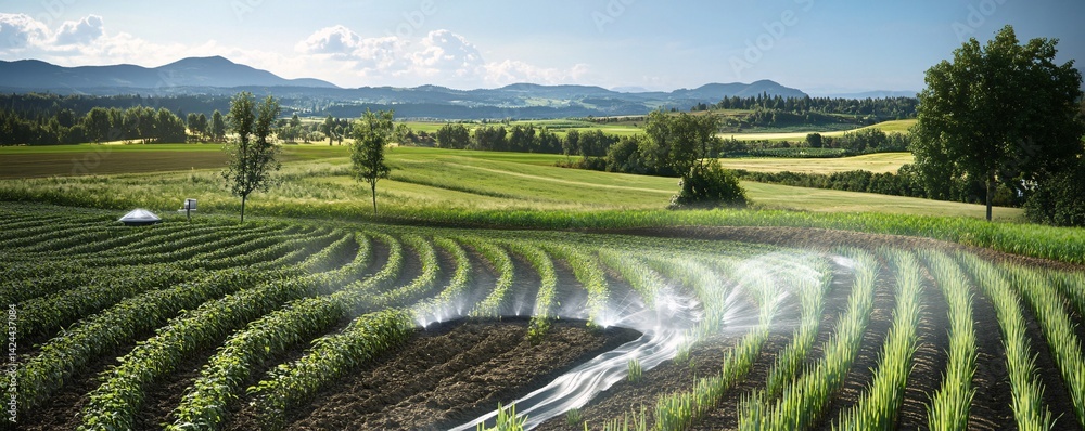 Poster automatic irrigation system watering potato and onion field in summer