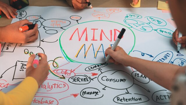 Engaging mind mapping session showcasing hands of participants writing and drawing ideas on paper. A vibrant and collaborative approach to brainstorming concepts and strategies. SACTR