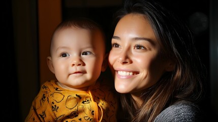 Smiling mother and infant close-up portrait.