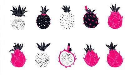 Tropical fruit collection pineapples and dragon fruits, white background, food design