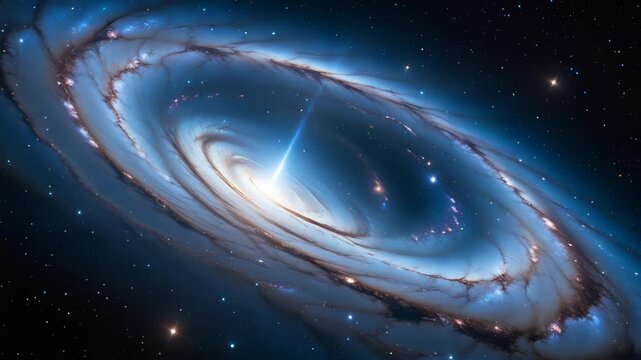 Spiral galaxy with central beam of light extending into deep space, surrounded by glowing dust. Concept of cosmic energy and intergalactic motion