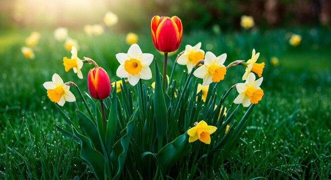 A vibrant spring garden bursts with life as tulips and daffodils bloom amidst lush green grass and foliage.