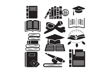 Education and Book Icon Set Graduation, Study, Reading & Library Silhouettes