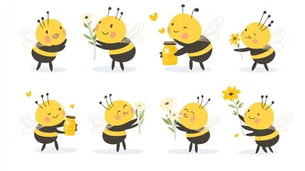 Fototapeta premium Cute bees collecting pollen & honey