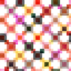 Seamless geometric pattern with hand-drawn watercolor square ornaments.