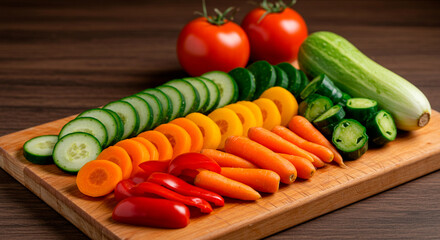 Assorted sliced vegetables and whole tomatoes displayed on a wooden cutting board against a brown background.