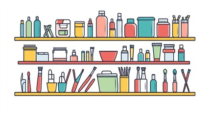 Art supplies organized on shelves, studio background, craft project
