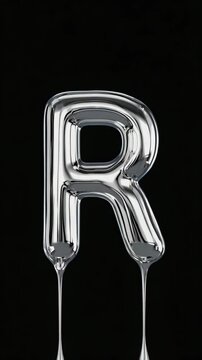A shiny metallic letter R appears to melt, creating a liquid or gel effect, shot in studio on a dark backdrop, conceptual design element