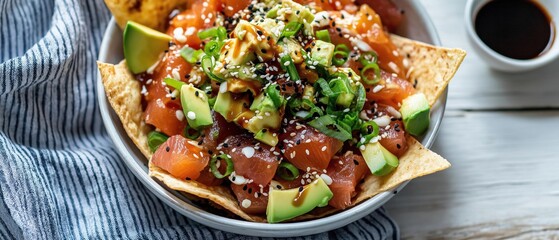 Close-up of a bowl of nachos. the bowl is white and is placed on a wooden table with a blue and white striped napkin next to it.
