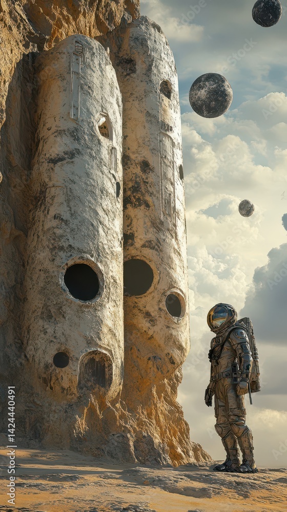Aufkleber an astronaut stands before weathered alien structures on a desolate planet.