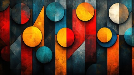 Abstract geometric pattern with layered circles, triangles, and rectangles in vibrant colors