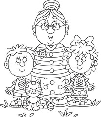 Happy grandma embracing her little grandson and granddaughter with their small cat, black and white outline vector cartoon illustration for a coloring book