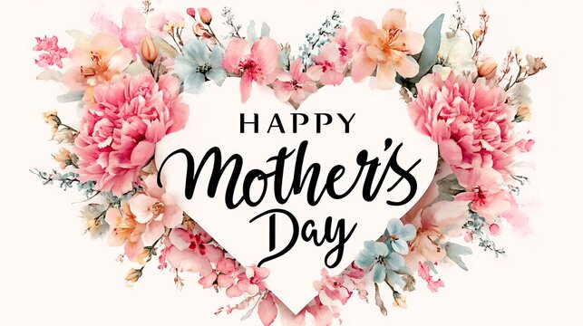 A heart-shaped border of soft watercolor florals framing "Happy Mother's Day" text in cursive, set against a pastel-colored background, captured in