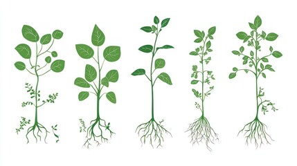 Plant growth stages, roots, leaves, isolated, white background, botany illustration