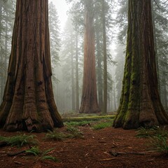 Obraz premium Giant sequoia grove in foggy morning, mossy trunks and dense forest ground.