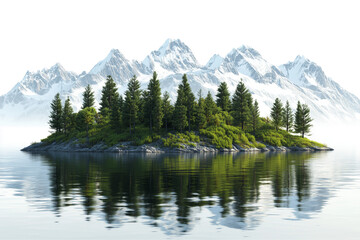 Obraz premium Tranquil island with trees and snow-capped mountains reflected in water on a transparent background