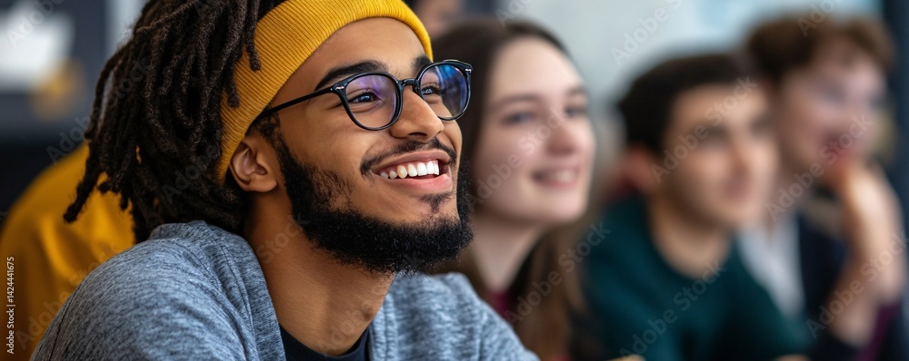 Poster Young man smiling during university lecture with classmates