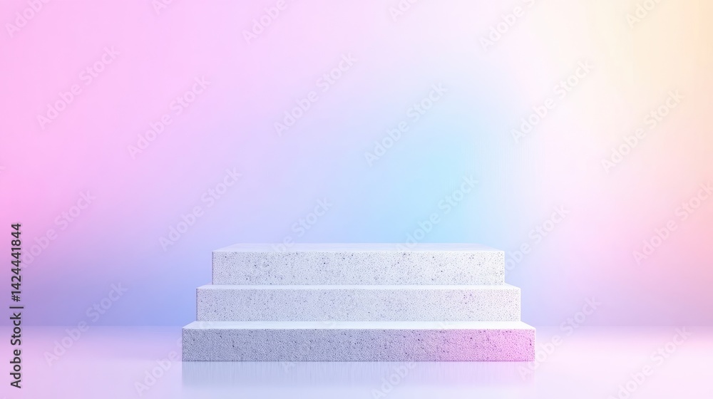 Poster three-tiered marble platform pastel gradient background clean minimalist style high-resolution rende