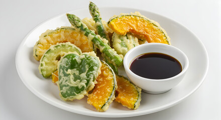 Crispy Vegetable Tempura With Soy Sauce In A White Dish Ready To Eat