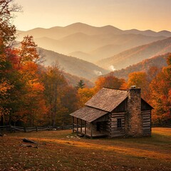 Rustic wooden cabin in the Appalachian Mountains in fall, surrounded by vibrant foliage and smoky mountain layers in the background.