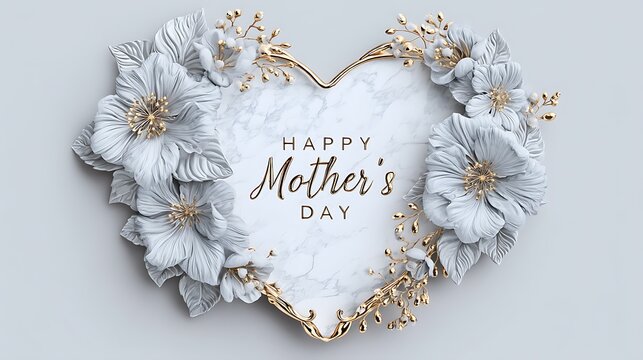 A heart-shaped frame with elegant gold accents and delicate floral arrangements surrounding the "Happy Mother's Day" inscription, captured in