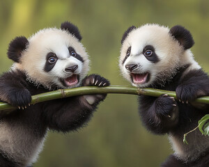 Two panda cub tug same bamboo stick their tiny teeth holding onto friendly contest of strength playful interaction captured intricate detail natural lighting making perfect light hearted fun themed