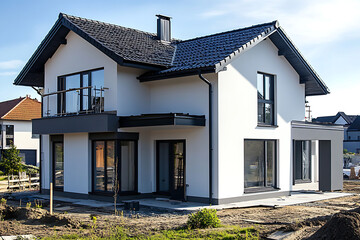 Obraz premium New house under construction, with a white and gray color scheme, black roof tiles, and gray wall cladding. This modern, two-story family home is located in Poland.