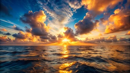 Sunrise Over a Vast Ocean Horizon with Dramatic Sky and Bold Colors

