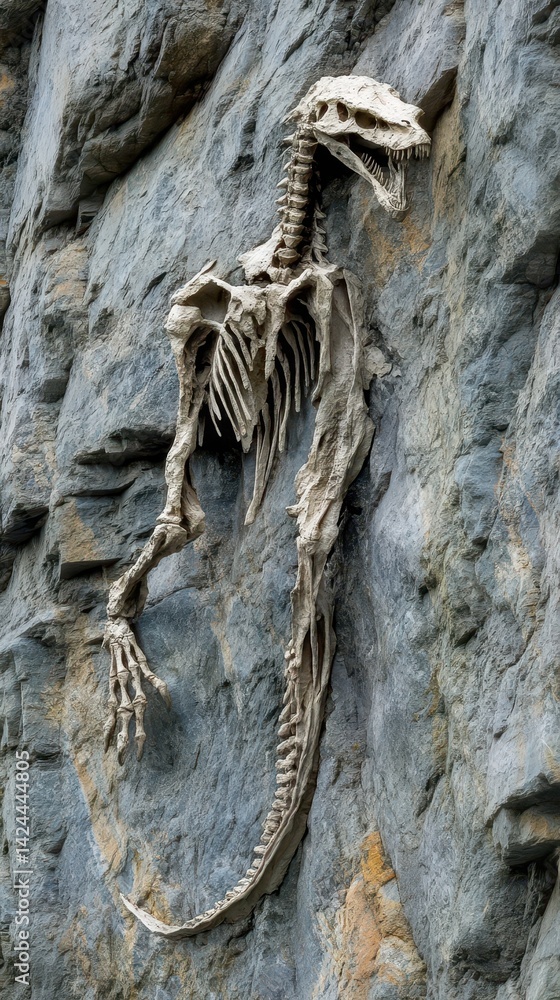 Poster a dinosaur skeleton fossil embedded in a rock face.