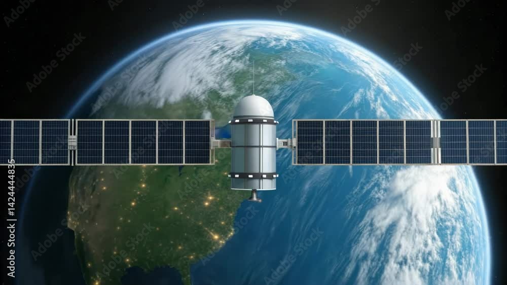 Poster a satellite using fusion power orbits earth, showcasing advanced space technology and exploration co