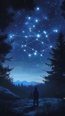 Fototapeta premium A lone figure gazes at the Gemini constellation above a moonlit forest.