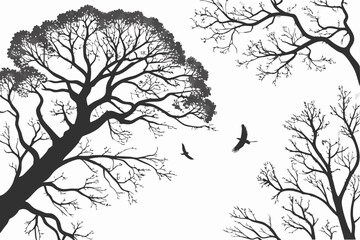 33 Trees from above, aerial view, top-down perspective, black and white illustration, circular tree canopies, branching patterns, organic shapes, symmetrical designs, nature patterns, botanical drawin