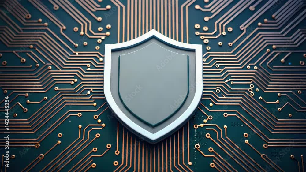 Poster a shield icon merged with a circuit board, symbolizing technology and security concepts.