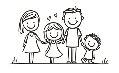 One-line drawing of a happy family with two kids on a white background, a simple vector illustration.