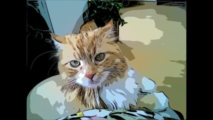 comic o dibujo de un gato blanco con ojos grandes verdes mirando de frente	