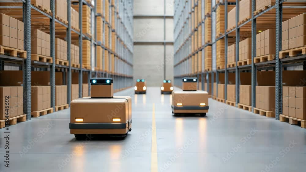 Poster digital transformation with industry 4.0, automated robots navigate a warehouse filled with stacked 