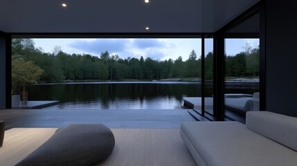Fototapeta premium Modern minimalist living room with large glass windows overlooking a calm lake and dense green forest at dusk.