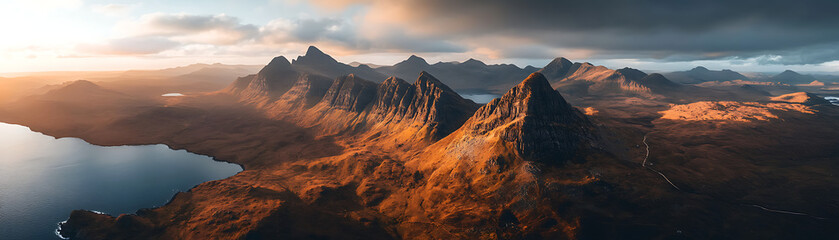 Naklejka premium Panoramic aerial view of the Scottish Highland landscape, with high mountains and glens along the Atlantic Ocean on the left side, Scottish Highlanders in the background, sunset light on the mountain.