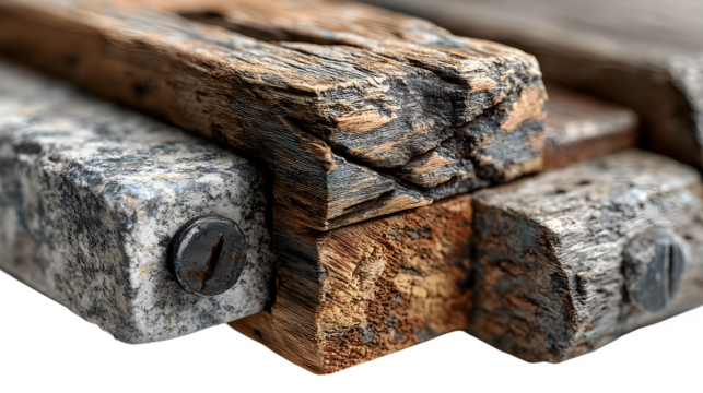 Stack of Aged Wooden Beams, Isolated on White Background