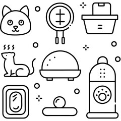 Linear art depicting cat care and cat accessories