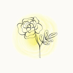Simple Line Drawing of a Flower on Yellow Watercolor Background
