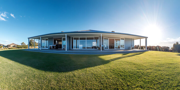 Panoramic photo of an Australian beachside house, front view. The house has a blue roof and light gray walls, with white window frames.
